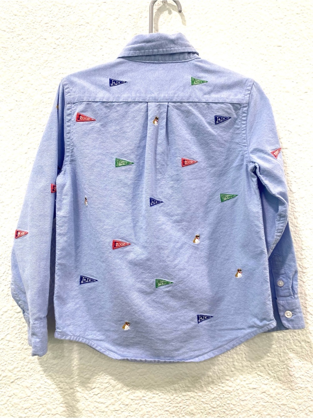 Janie and Jack Shirt Boy’s 4 Blue Embroidered Oxford Pennant Flags Preppy School - Picture 3 of 5